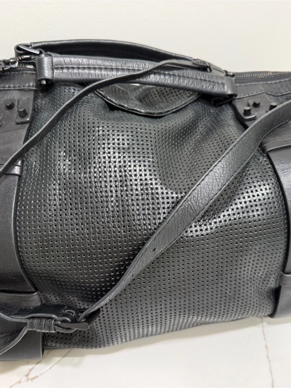 Women’s She + Lo, Black Perforated Leather Satchel Bag with Adjustable Strap